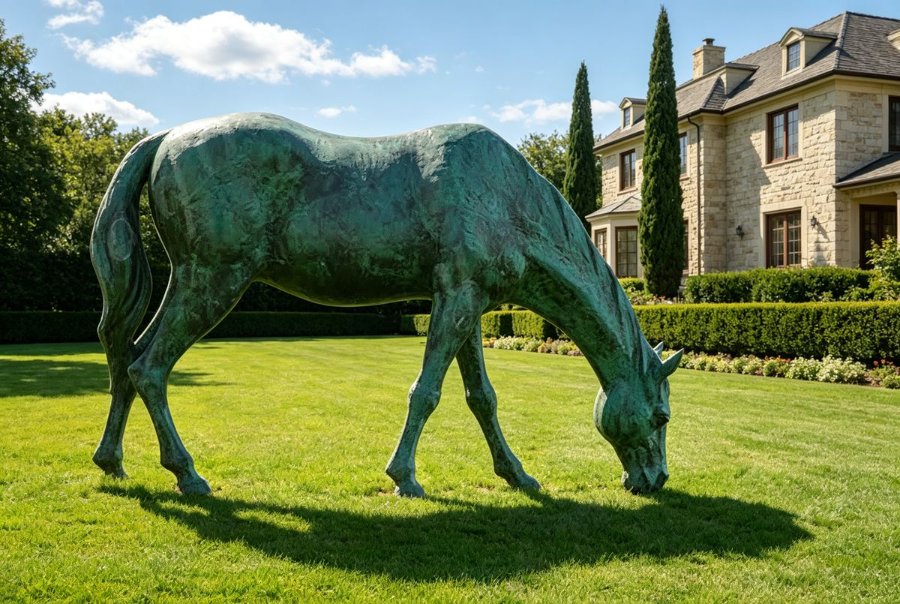 A bronze sculpture of a grazing horse placed on a well-manicured lawn near a stone luxury mansion surrounded by lush greenery and trees.
