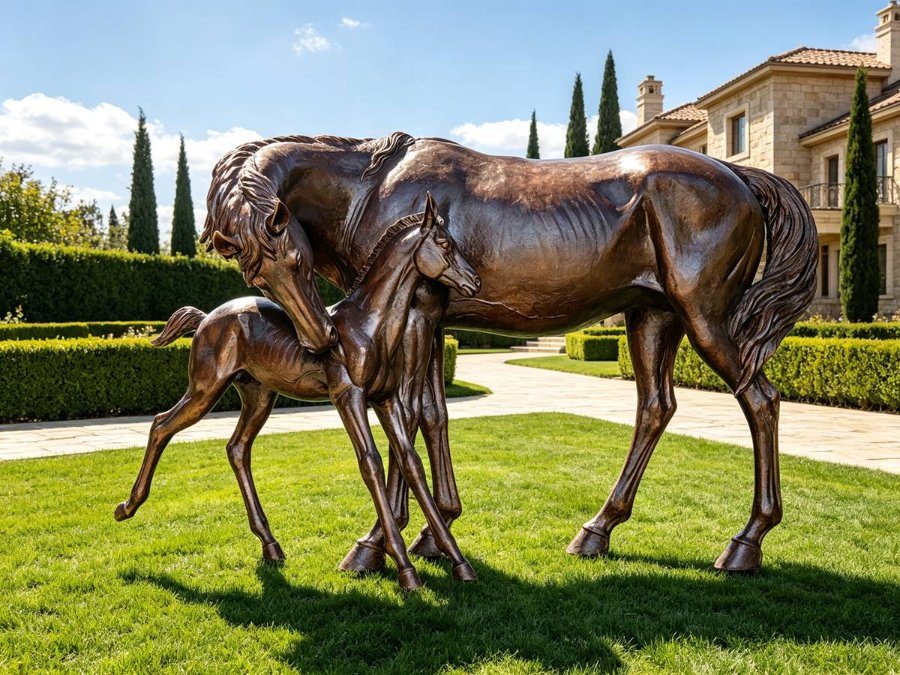 Elegant bronze sculpture of a mare gently nuzzling her foal on a manicured estate lawn with hedges and a luxury house in the background.