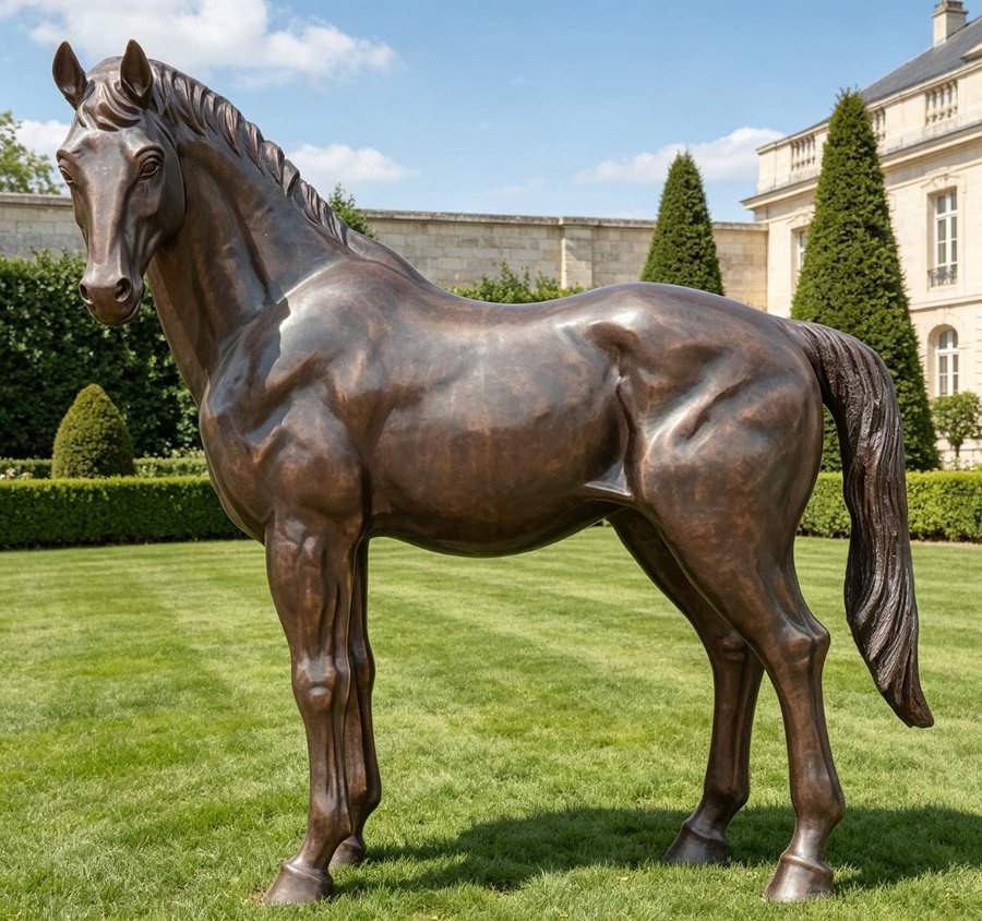 A detailed bronze standing horse sculpture displayed outdoors in a lush green garden with trimmed hedges and elegant stone architecture in the background.