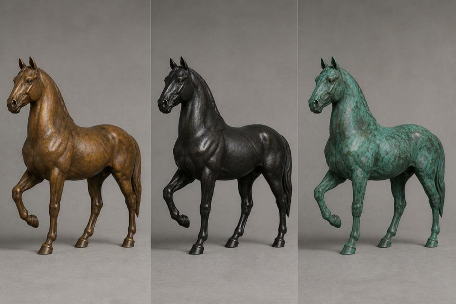 Three bronze horse sculptures in different finishes: classic bronze, black patina, and verdigris green, displayed side by side.