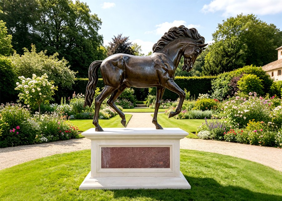 Bronze horse statue with dynamic prancing pose, mounted on a white and red marble base, installed in a formal English garden