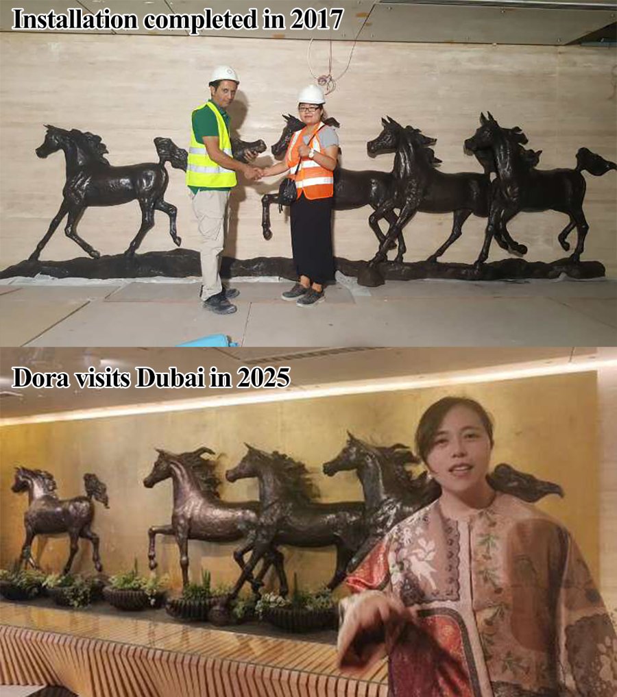 Before and after comparison of bronze running horses relief sculpture in Dubai lobby: installation completed in 2017, and general manager Dora revisiting the site in 2025