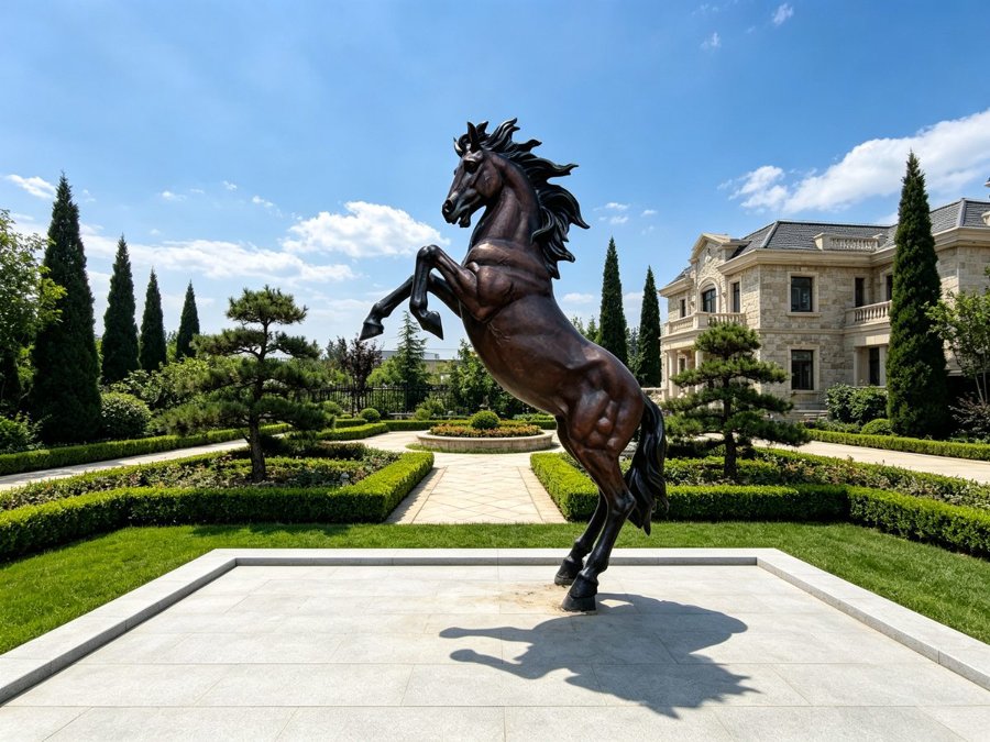 Bronze horse sculpture rearing majestically in a landscaped garden with trimmed hedges, trees, and a stone mansion in the background.