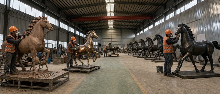 Artisans in orange safety helmets sculpt bronze horse statues in a spacious workshop with rows of partially finished statues.