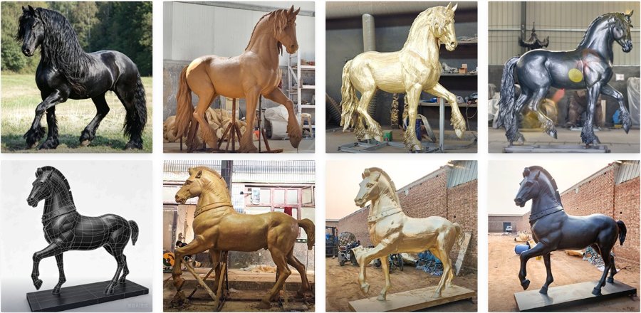 A collection of bronze horse sculptures in different finishes, including black, golden, polished, and raw forms, displayed indoors and outdoors.