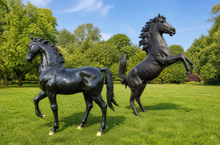 Two lifelike black bronze horse sculptures, one standing and one rearing, displayed on a lush green lawn surrounded by trees.