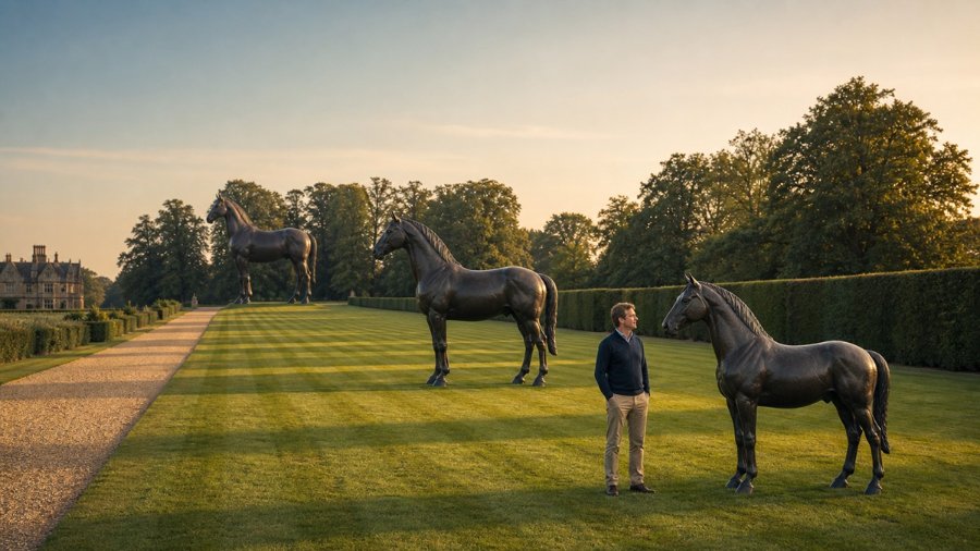 Man standing near a lifelike bronze horse statue in a manicured garden with two large horse sculptures and a historic manor in the background.