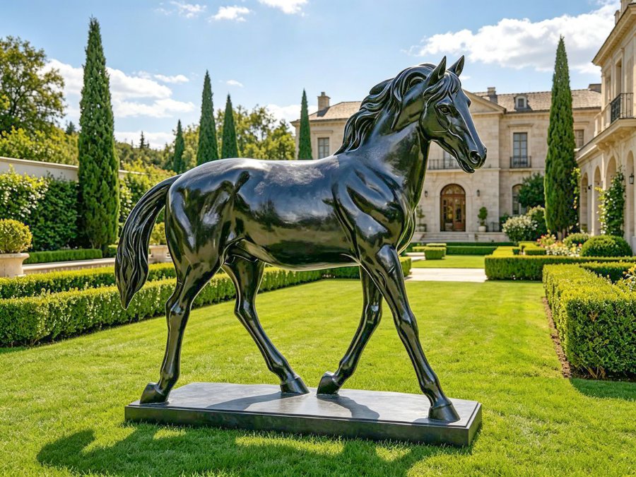 A polished bronze walking horse sculpture standing on a stone base, surrounded by manicured green lawns, trimmed hedges, and a luxurious manor garden.