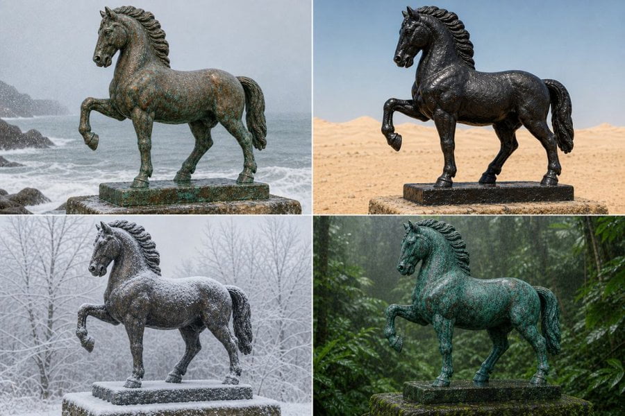 Four bronze horse statues displayed in different outdoor settings: snowy coast, desert, snowy forest, and rainforest.