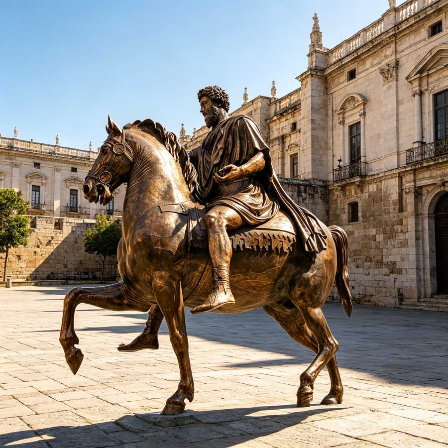 A bronze Marcus Aurelius equestrian statue depicting a regal rider on a rearing horse, located in a sunlit plaza surrounded by historical buildings.