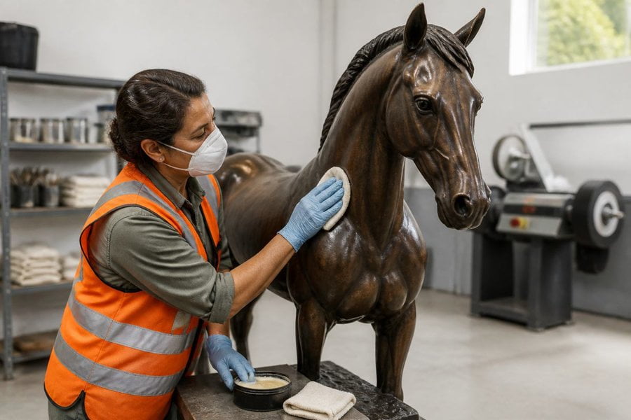 A foundry artisan in an orange high-visibility vest, gloves and dust mask applies a protective paste wax to a finished dark bronze horse, renewing its protective layer in a clean workshop finishing bay.