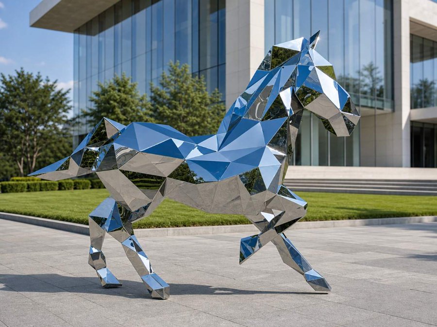 Mirror-polished stainless steel horse sculpture with geometric faceted design, installed on a plaza in front of a modern glass office building