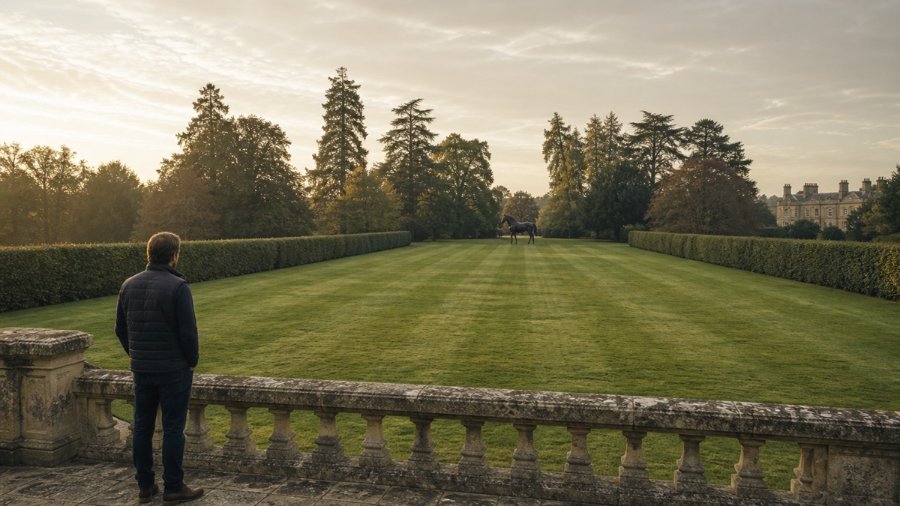 A man stands on a stone terrace, overlooking a manicured lawn with a bronze horse sculpture in the distance amidst a formal estate garden.