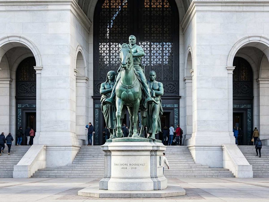 Bronze statue of Theodore Roosevelt on horseback flanked by two figures, placed at the entrance of a grand stone building, with people entering.