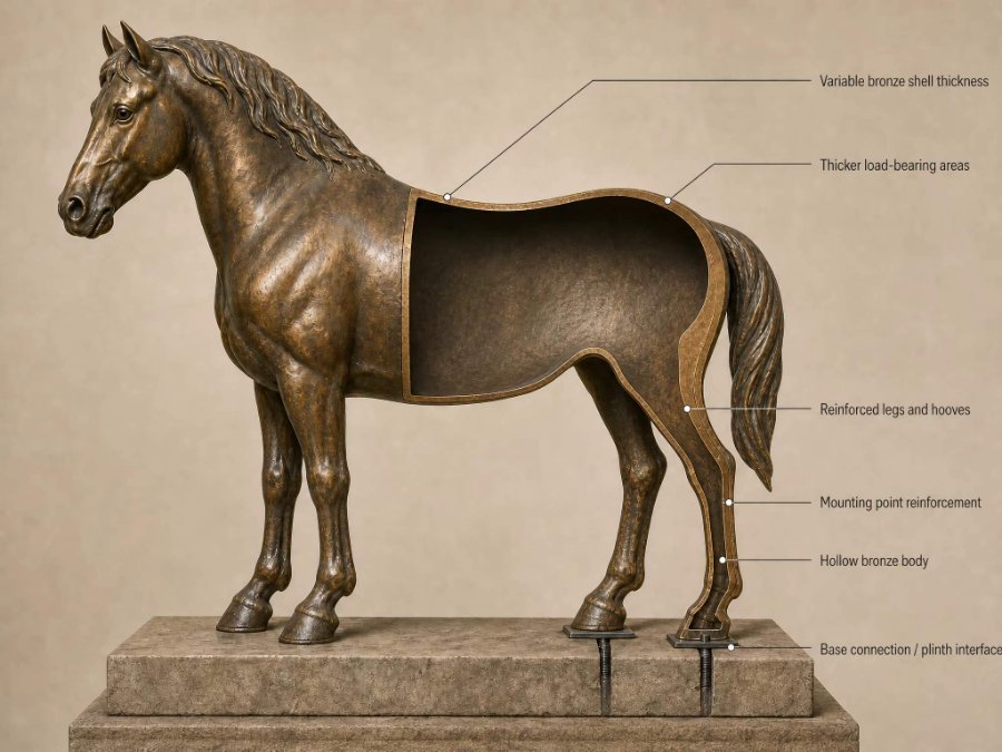 Cross-section of a bronze horse sculpture showing internal structural details, including reinforced hooves, mounting points, and hollow body.