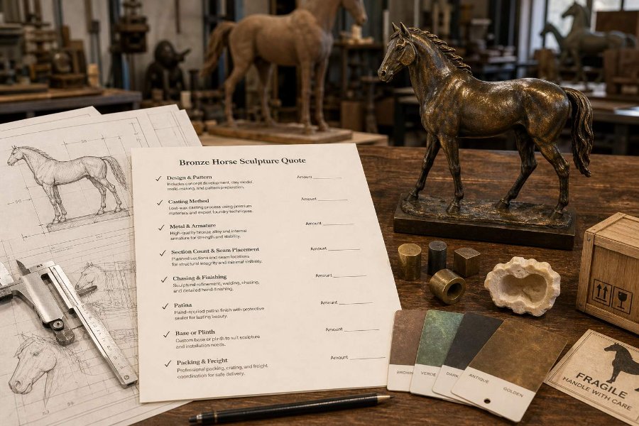 Detailed workspace showing a bronze horse statue on a wooden surface with design blueprints, material samples, and a sculpture quote sheet.