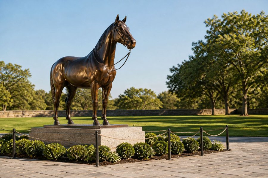 Elegant bronze horse statue on a stone pedestal surrounded by greenery and fencing, set in a landscaped garden under clear blue skies.