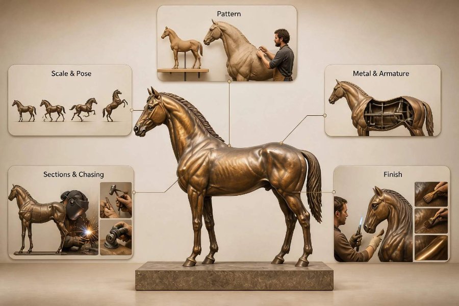 Detailed infographic showing the bronze horse sculpture creation process, including scaling, pattern making, armature, welding, and finishing.