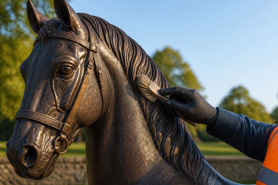 A close-up of a bronze horse statue being cleaned with a brush by a gloved hand in an outdoor park setting.