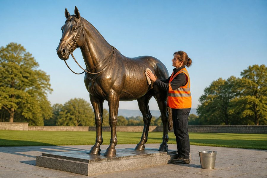 Woman in orange safety vest cleaning a large bronze horse statue with a cloth outdoors on a stone platform surrounded by green trees.