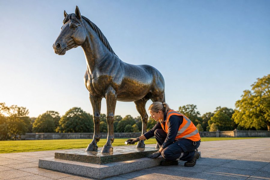 A worker in an orange safety vest cleaning a bronze horse statue in a scenic outdoor setting during sunset.