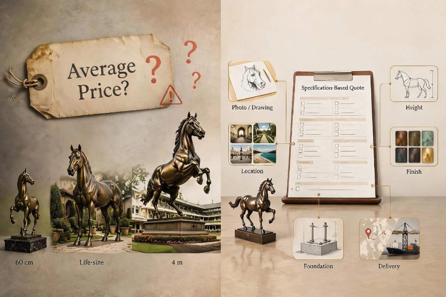 Visual guide to pricing a bronze horse statue, showing size options, custom specifications like height and finish, and elements for quotes.