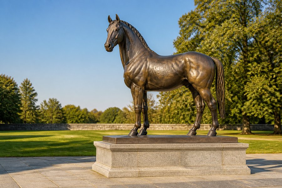 A bronze horse sculpture on a stone pedestal in a landscaped park with green grass, trees, and a clear blue sky.