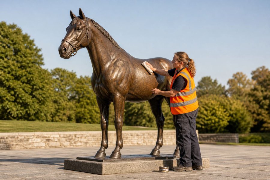 A worker wearing an orange safety vest is applying wax to a bronze horse statue.