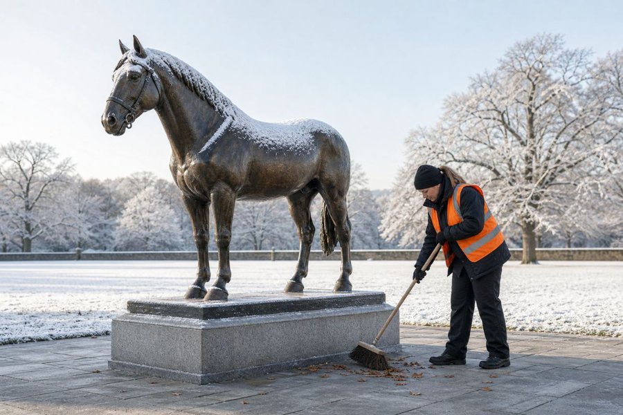 Bronze horse statue atop a pedestal in a snowy outdoor landscape, with a worker in an orange vest sweeping nearby.