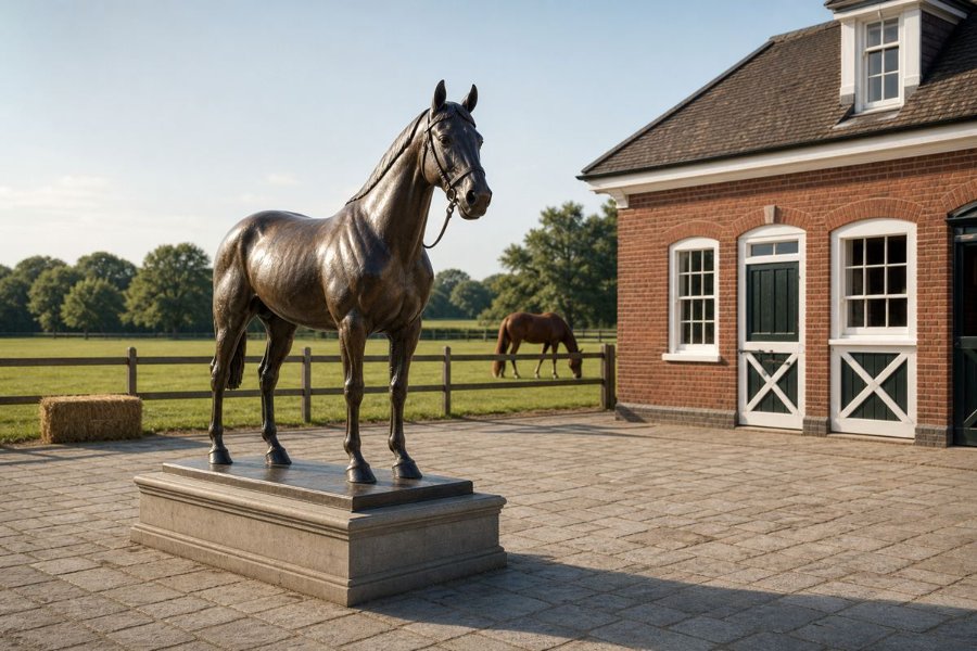 Elegant bronze horse statue on a pedestal in a courtyard by a brick stable building, with lush pastures.